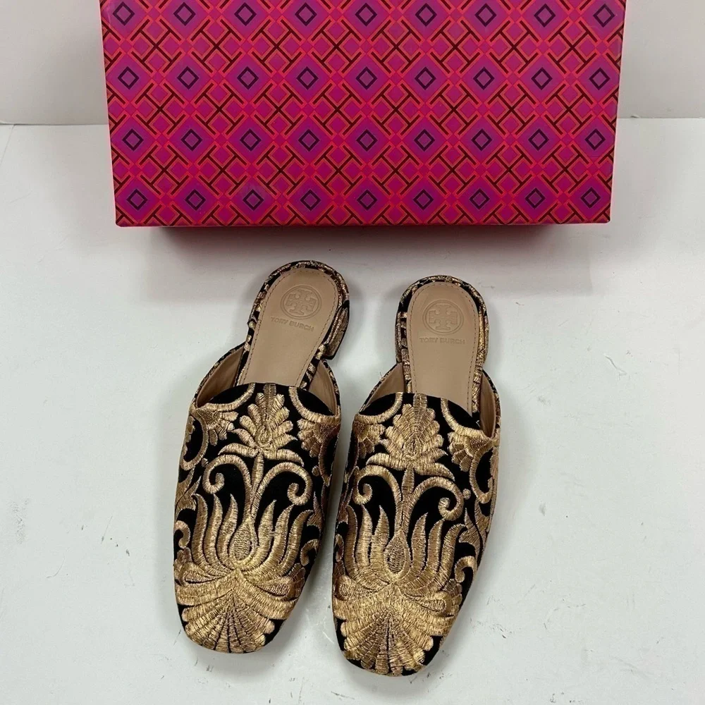 Tory Burch Carlotta Naya Brocade Embroidered Mules Gold Size 6